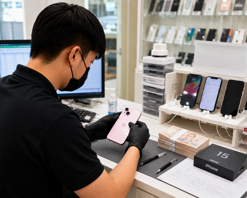 ทีมงานกำลังตรวจเช็ก iPhone 15 ก่อนประเมินราคา ร้านมือถือ.com รับซื้อ iPhone 15