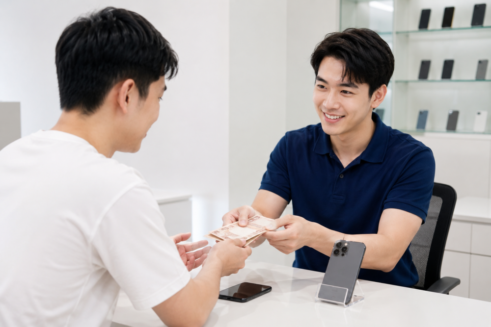 พนักงานกำลังดูแลลูกค้าที่นำ iPhone 15 Pro Max มาสอบถามราคา ร้านมือถือ.com รับซื้อ iPhone 15 Pro