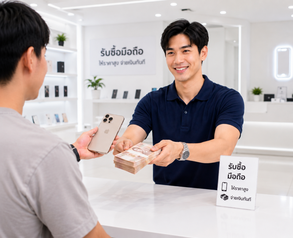 พนักงานกำลังดูแลลูกค้าที่เข้ามาสอบถามราคารับซื้อ iPhone 16 Pro