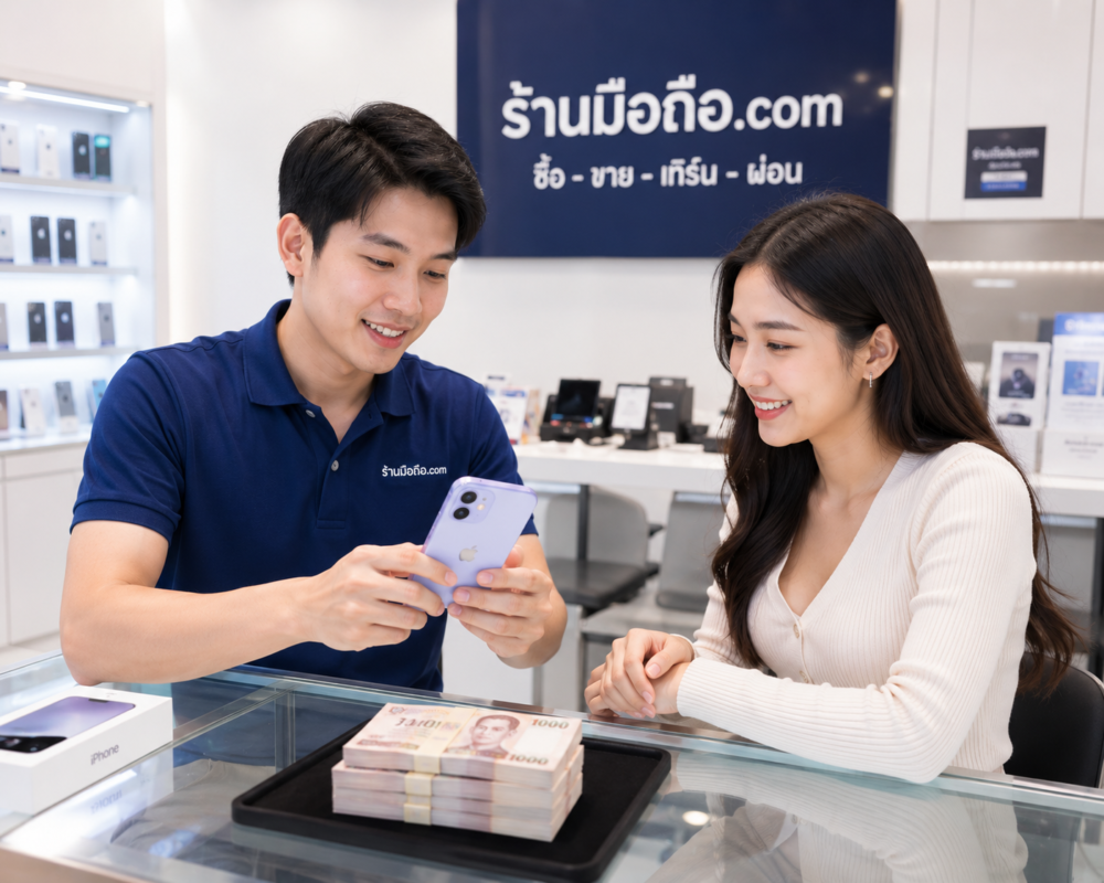พนักงานผู้ชายกำลังตรวจเช็ก iPhone 16 ให้ลูกค้า ร้านมือถือ.com รับซื้อ iPhone 16