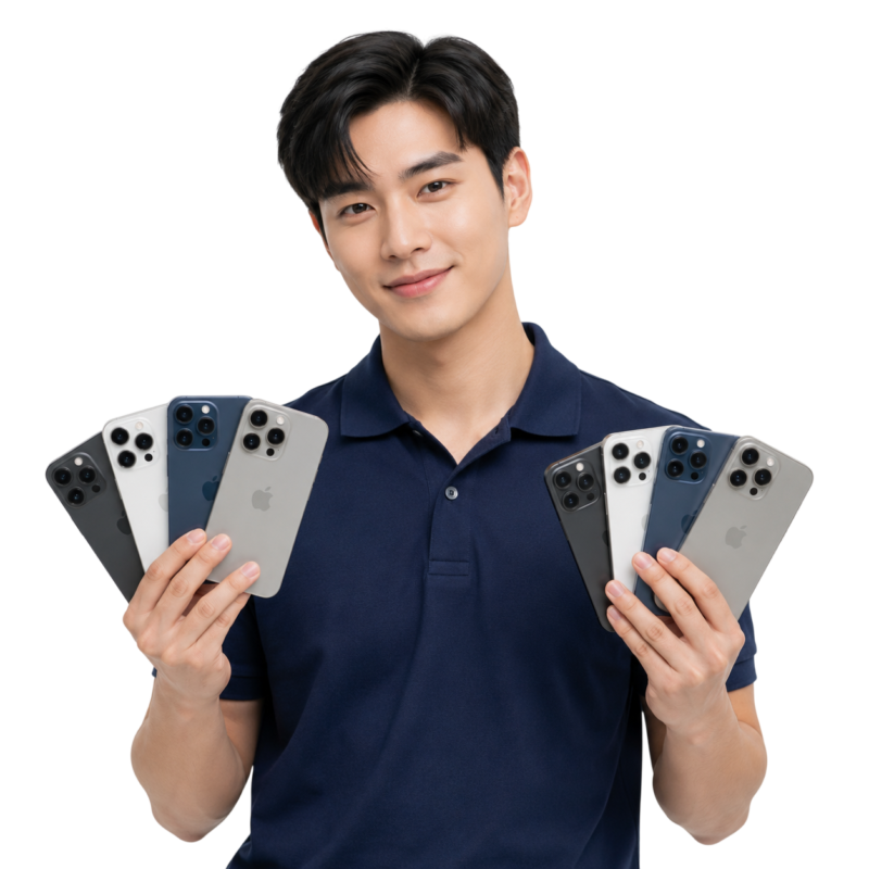 พนักงานผู้ชายเอเชียกำลังดูแลลูกค้าที่นำ iPhone 15 Pro มาประเมินราคา ร้านมือถือ.com รับซื้อ iPhone 15 Pro