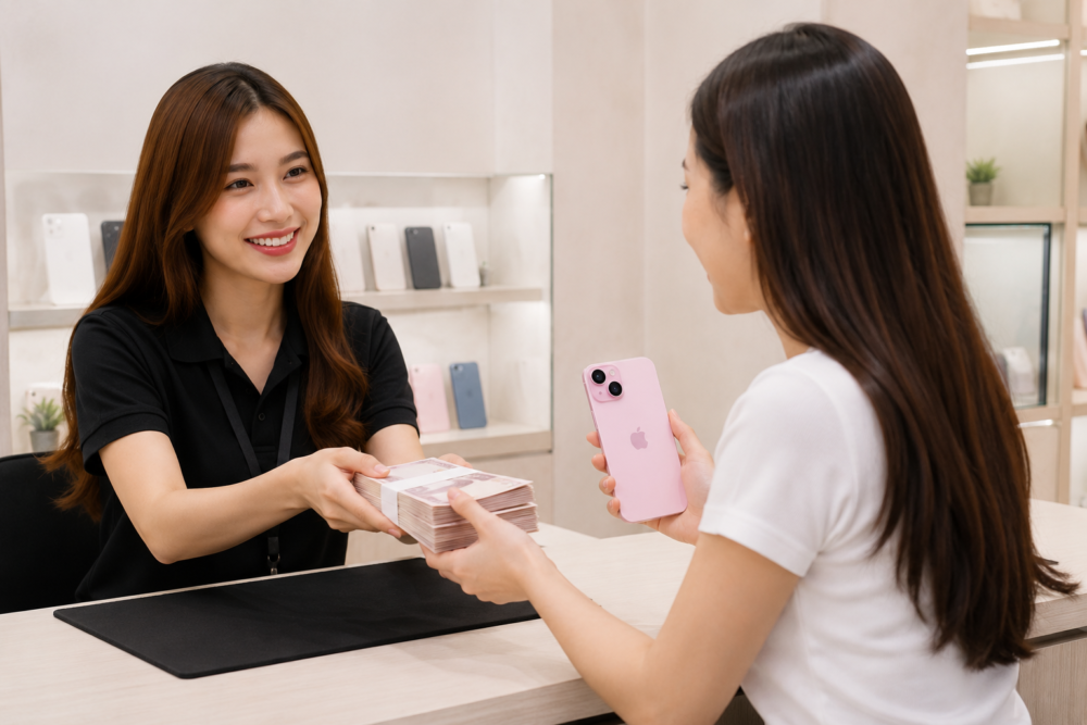 ลูกค้ากำลังสอบถามราคารับซื้อ iPhone 15 กับทีมงาน ร้านมือถือ.com รับซื้อ iPhone 15